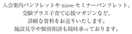 入会案内パンフレットやmaveセミナーパンフレット、働くパパママの英才教育マガジンなど、詳細な資料をお送りいたします。施設見学や個別相談も随時承っております。